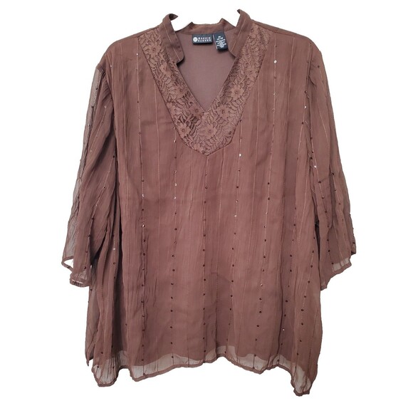 Maggie Barnes Brown Sequin Crepe Overlay Lace Neckline Blouse Size 3X (26/28) - Picture 1 of 5
